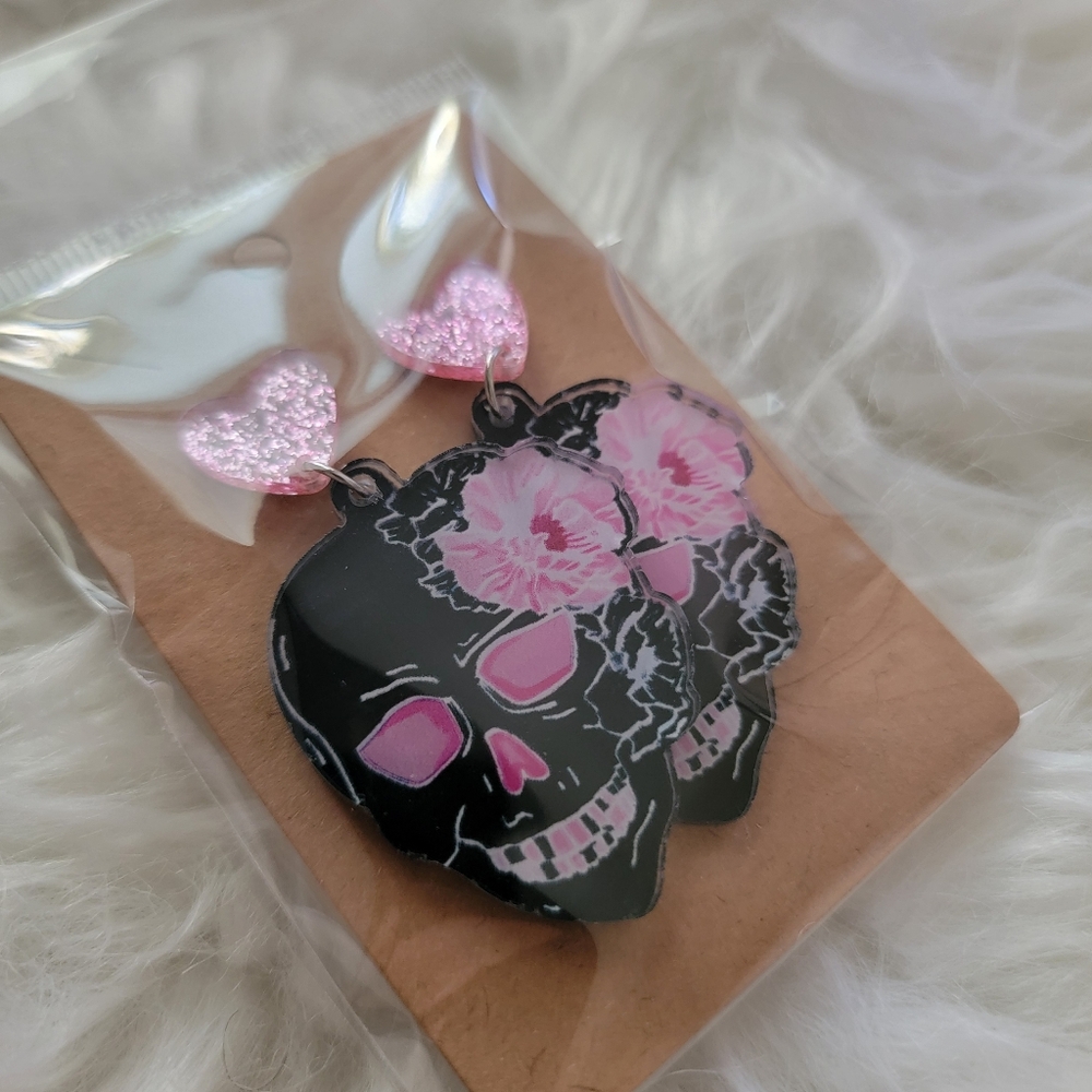 Pink and Black Skull Earrings